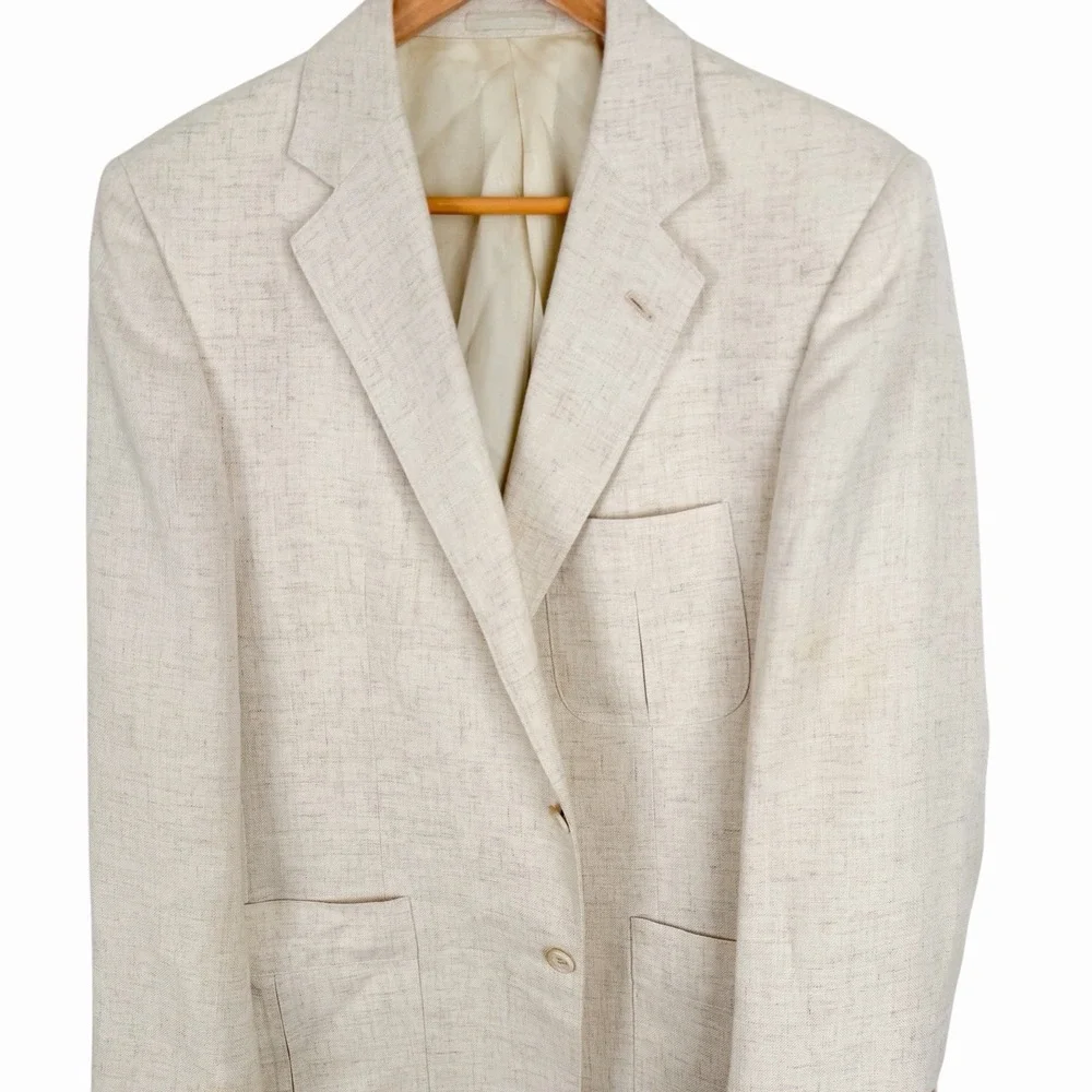 Vintage 70s 80s Linen Blazer Mens Cream Oatmeal Sport Coat Union Made USA 42